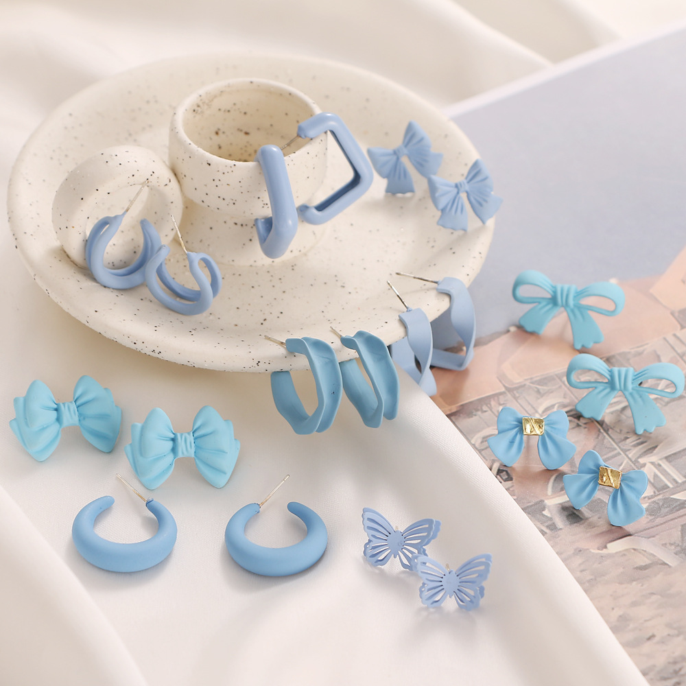 Anting Bentuk Lingkaran Geometris Butterfly Warna Biru Untuk Wanita