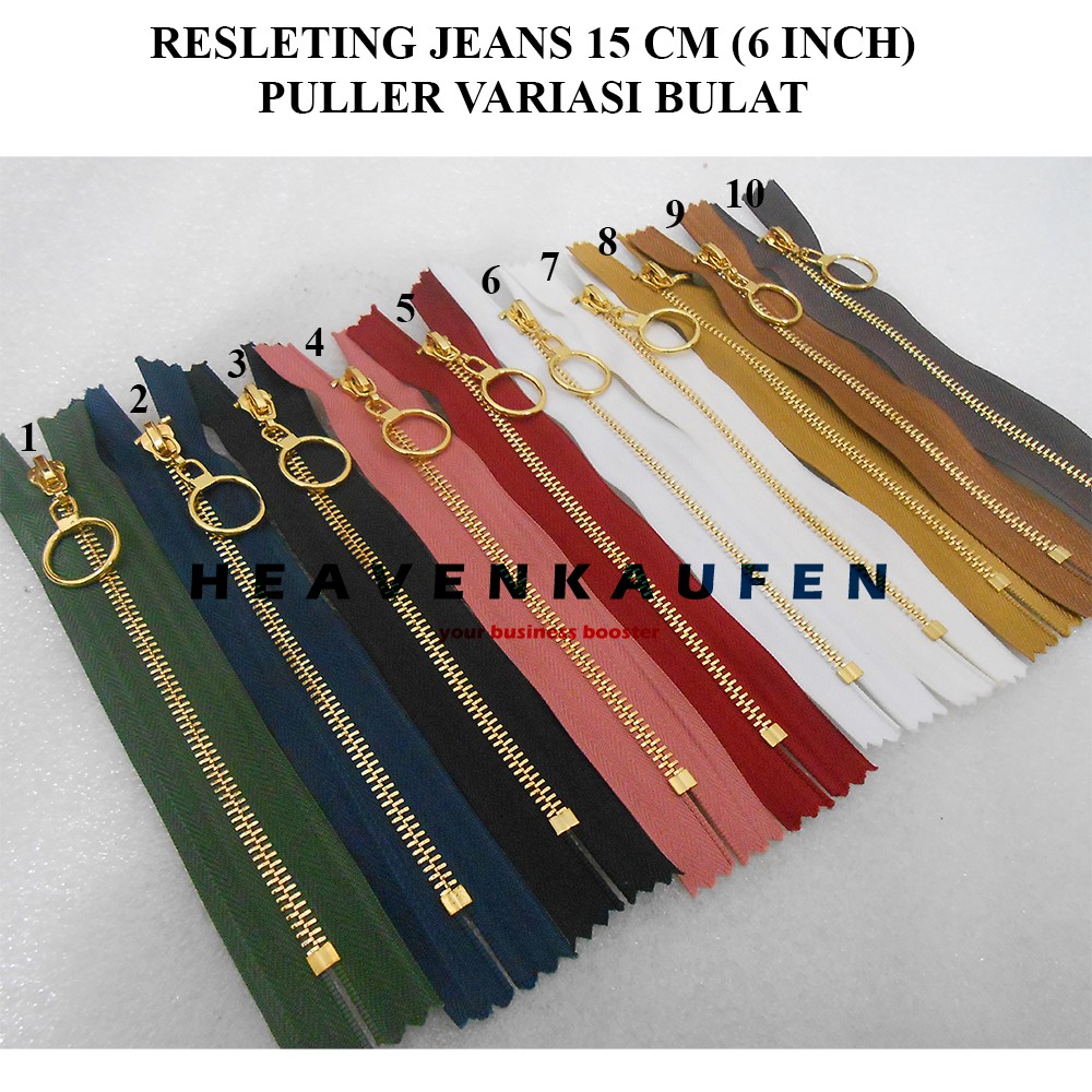 Resleting Zipper Jeans Besi 15 cm (6 inch) Gold Emas Variasi Tarikan/Puller Bulat