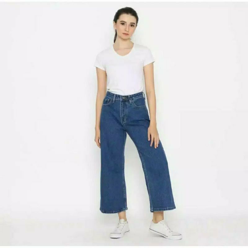 Celana kulot jeans wanita putih jins denim highwaist murah cewek cewe culote Lepis cutbray levis RWS-Kulotkolor DARK