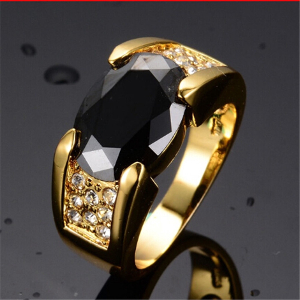 Cincin Pertunangan Emas 18k Kristal Warna Hitam Batu Permata Berlian Titanium Steel Pria Wanita Fashion Perhiasan Gold Rings