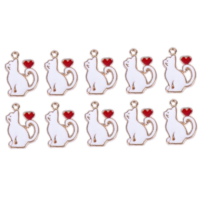 Hbid Glory 10Pcs / Set Liontin Enamel Alloy Bentuk Kucing / Hati Untuk DIY Craft / Perhiasan
