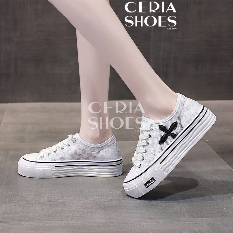 PVC Sepatu Sneakers Korean Wanita Import Sol Tinggi Ringan Breathable Sol Rubber Tebal Non-Slip Tinggi 6 Cm Leaf Pattern