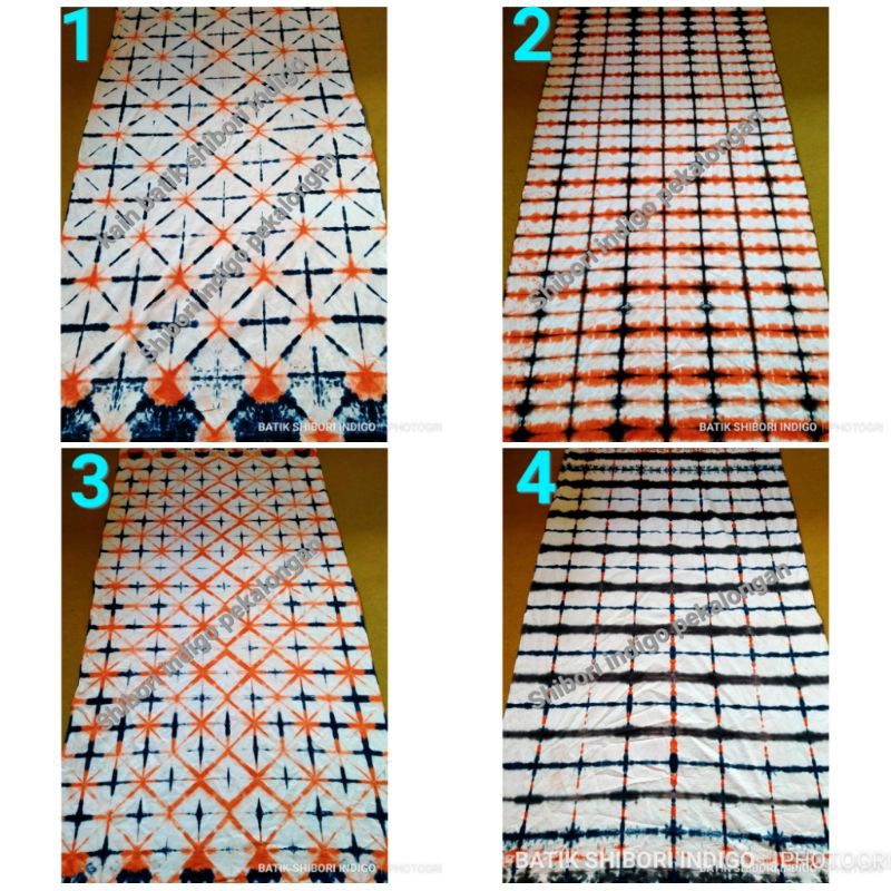 Kain Batik Shibori Indigo Motif Kotak Kotak Itajime Sibori Warna Biru Dongker Oren Hitam