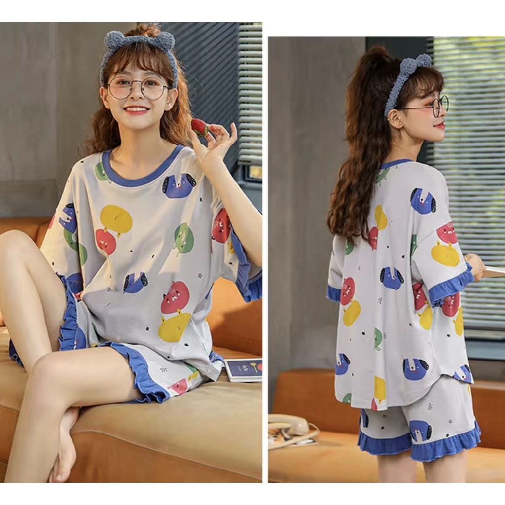 Baju tidur piyama lengan pendek celana pendek bahan kaos import