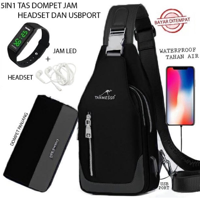 TANMESSO 5IN1 BONUS JAM LED,DOMPET & USBPORT&HEADSET- TAS SELEMPANG PRIA