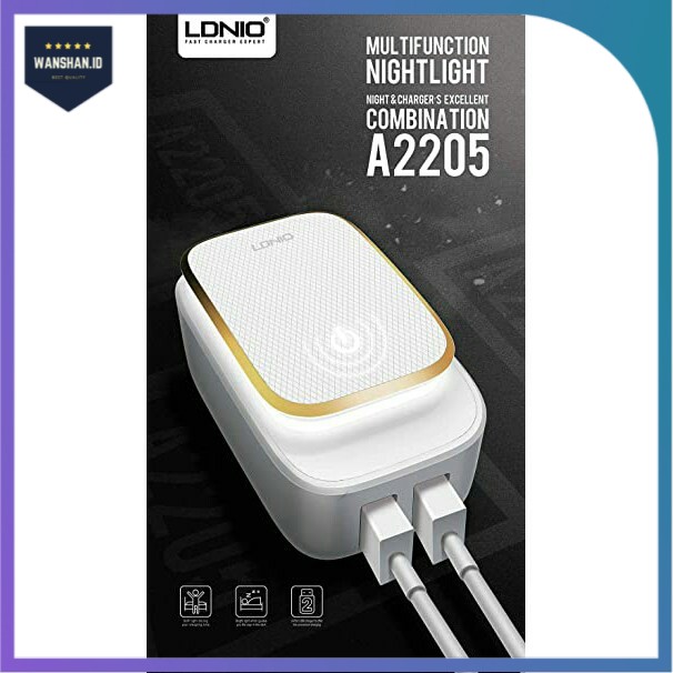 [WS] Charger dual USB wall charger with LED light original LDNIO A2205 - Putih