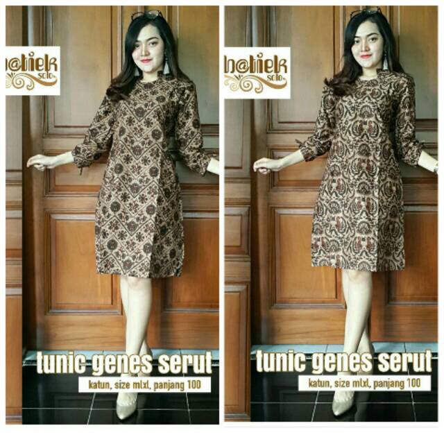 Tunik Genes Serut Dress Batik Sogan Modern Long Dress Seragam Kantor Pesta Muslim