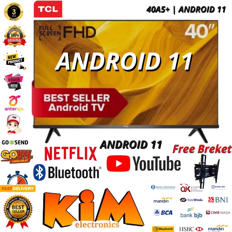 FREE BREKET!!! TCL LED 40 inch 40A5+ SMART ANDROID 11 YOUTUBE - NEW!!