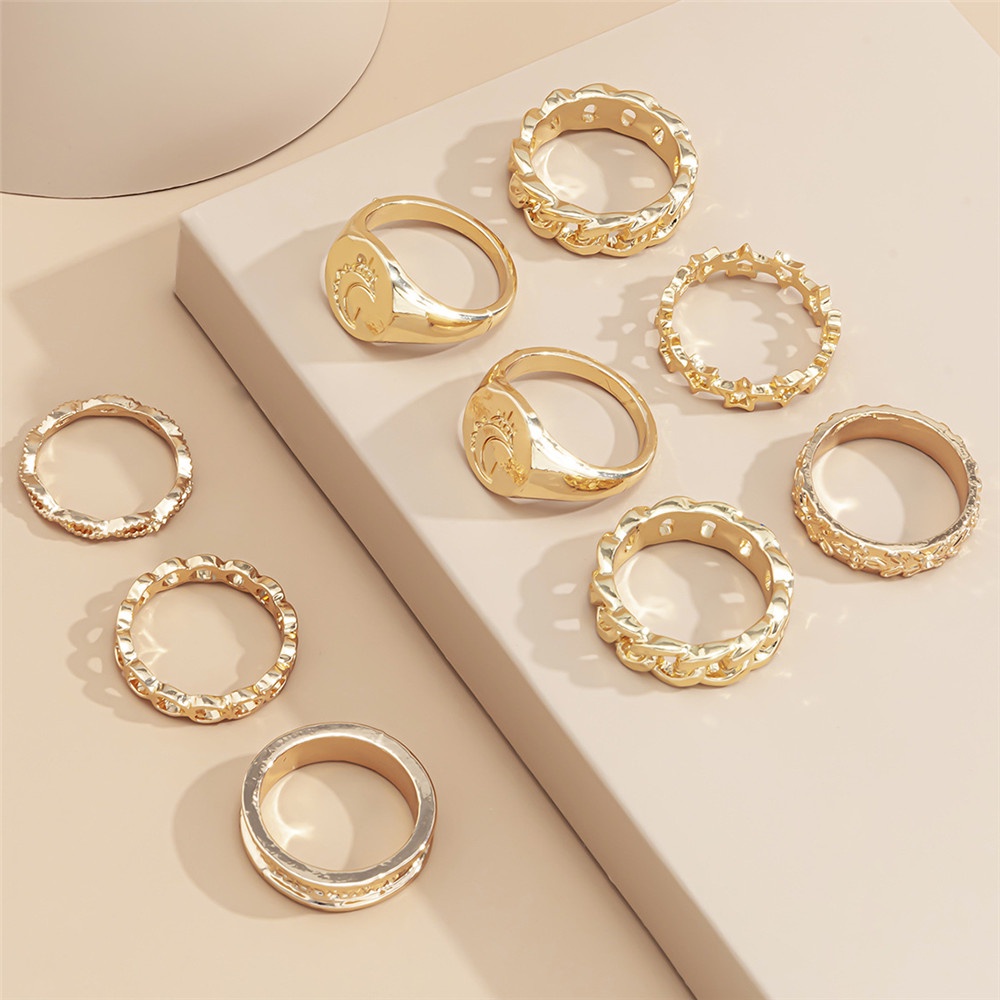 9Pcs Fashion Cincin Kombinasi Bulan Berongga | Cincin Paduan Wanita Set Perhiasan Jari Wanita