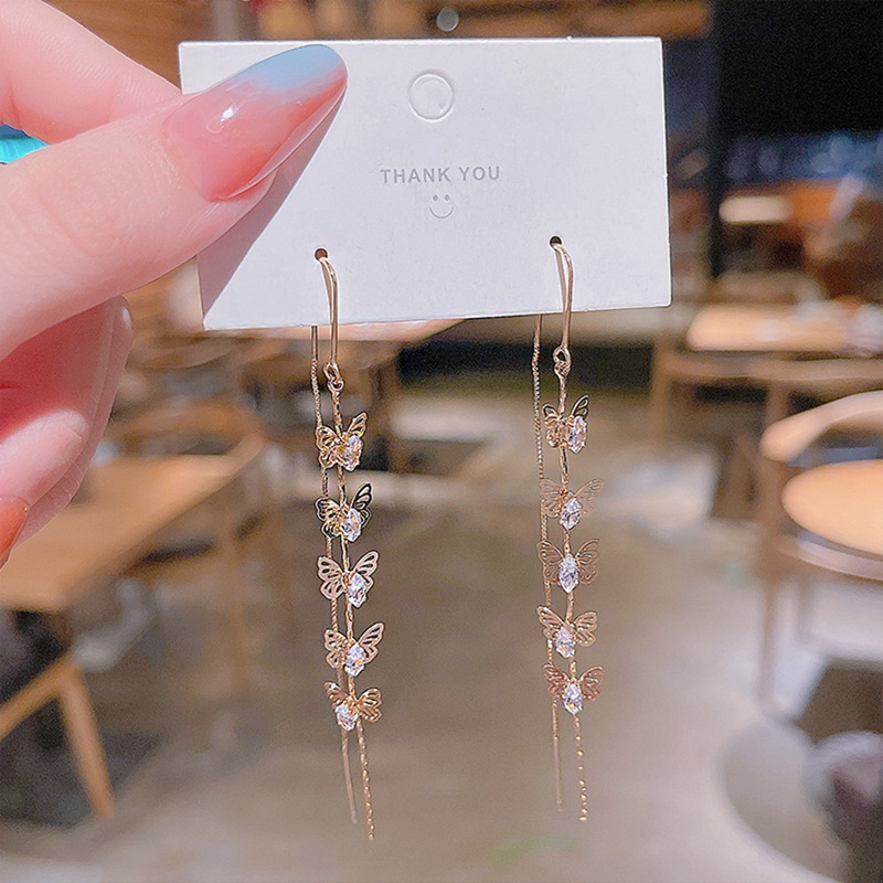 Butterfly Anting Rumbai Panjang Desain Kupu-Kupu Warna Emas Bahan Metal Untuk Wanita