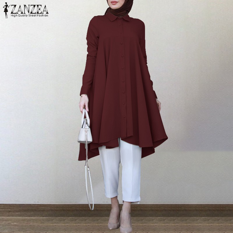 ZANZEA Women Casual Turn-Down-Collar Long Sleeve Muslim Blouse