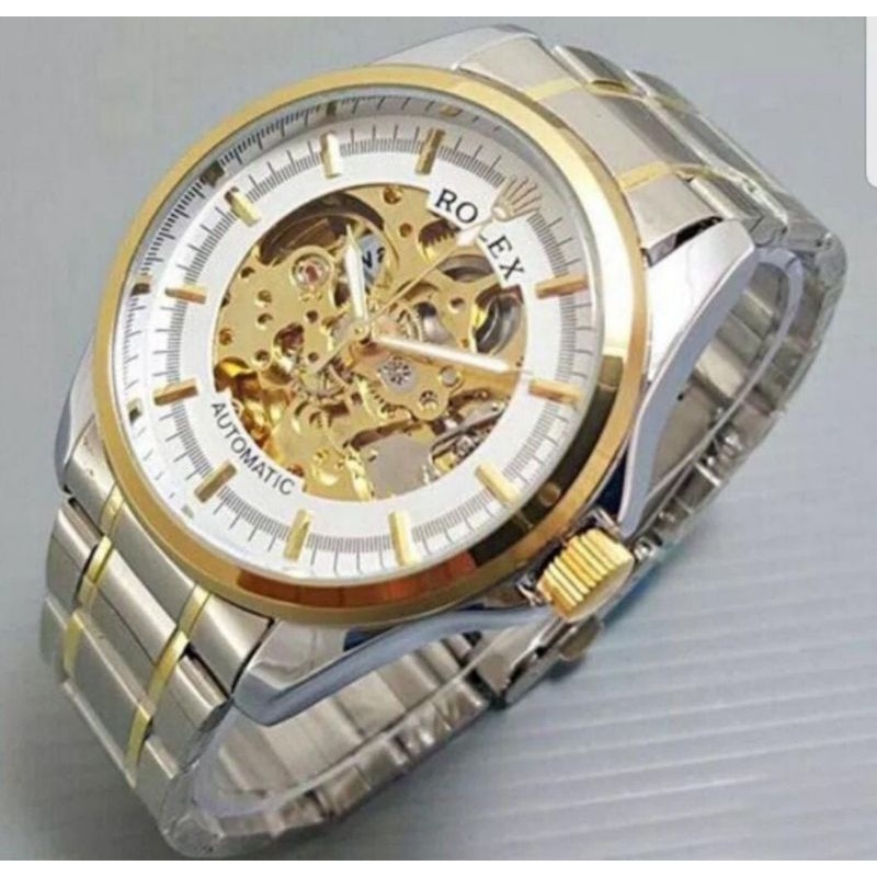 Jam Tangan Stainless Steel Otomatis Skeleton Garis Transparan Tanpa Baterai