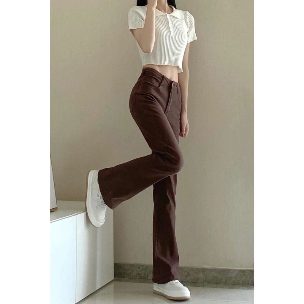 Coklat korean high waist celana jeans wanita