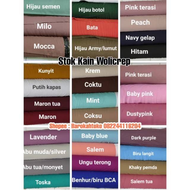 jual sampel warna/katalog Kain wolfis, Wollycrepe, moscrepe Mosscrepe dll