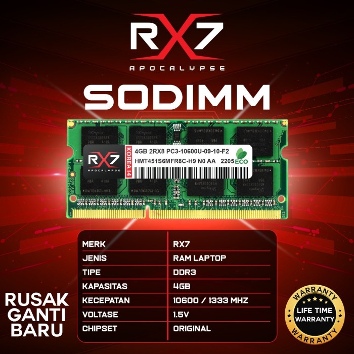 MEMORY RAM LAPTOP RX7 DDR3 4GB 10600 Mhz NON L 1.5V GARANSI LIFETIME