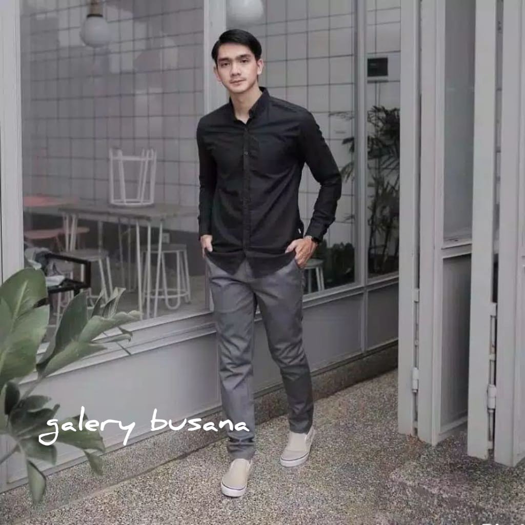 Kemeja Cowok polos lengan panjang slimfit hem pria kantor hitam navy putih maron army