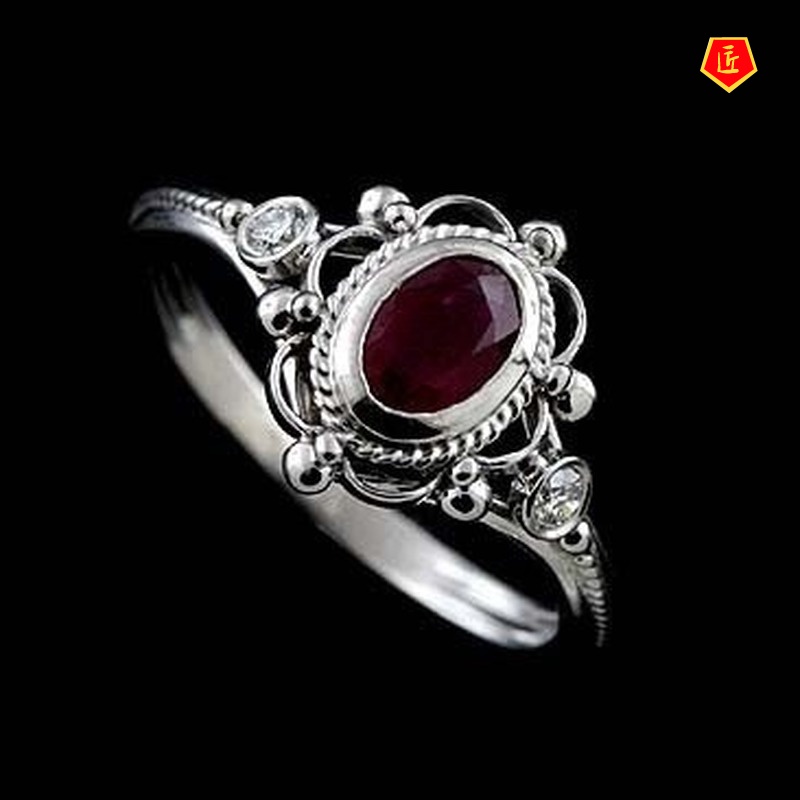 [Ready Stock]Inlaid Ruby Silver Ring Elegant Fashion Personality