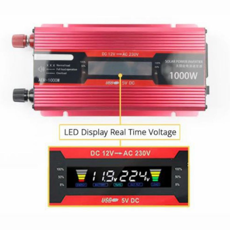 Carmaer Car Power Inverter DC 12V to AC 220V 1000W with LED Display - SDB-1000A - Red