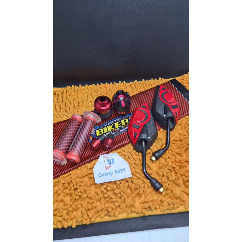 (Paket Variasi Yamaha)Kulit jok karbon Merah+Jalu as+Handgrip Karbon+Spion SPS +Jalu Stang