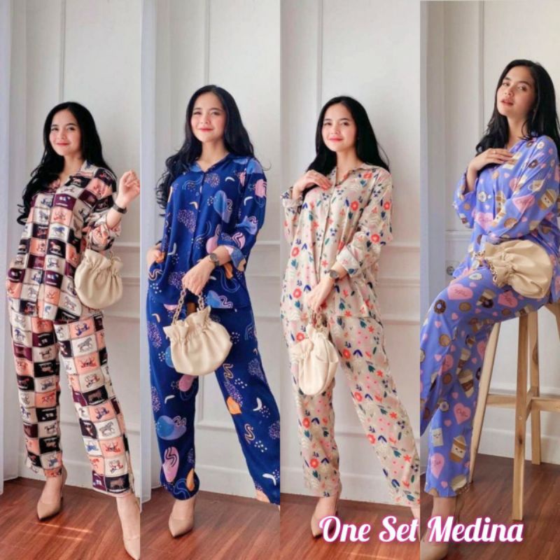 One Set Medina - One Set Wanita Rayon Viscose Premium Setelan Wanita Lengan Panjang Set Piyama Kekinian