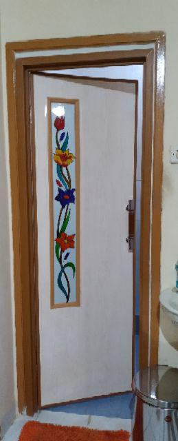 Pintu Kamar Mandi Pvc Motif Kaca Bunga Coklat Minimalis Lukis Gravir Kayu Jati