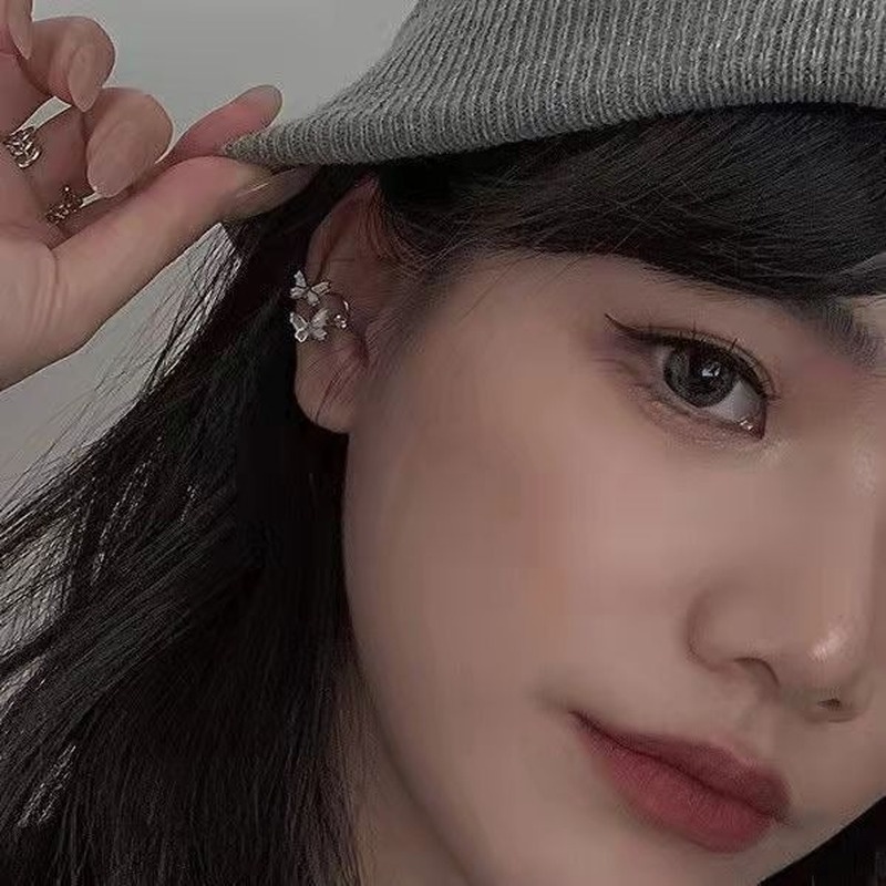 Papaozhu 1PC Chic s925 Perak Ganda Kupu-Kupu Klip Anting-Anting Untuk Wanita Perempuan Bergaya Non Tindik Cuff Earrings Telinga Perhiasan