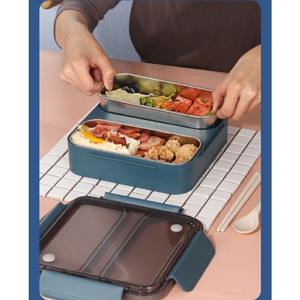 Lunch box stainless 304 2 sekat besar free sendok dan sumpit/KH0036 Kotak bekal 2 sekat stainless