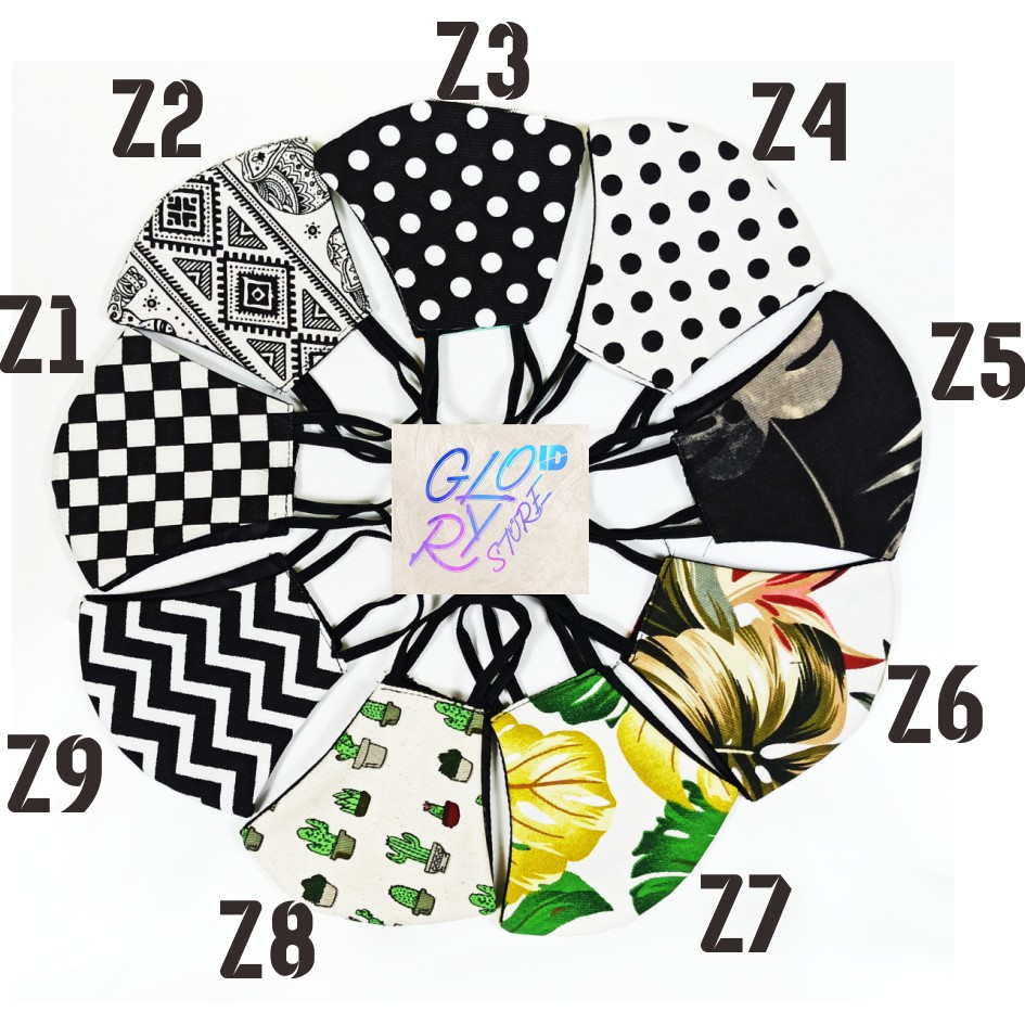masker kain hijab motif kaktus gajah hitam putih zig zag kotak new normal polkadot buckethat