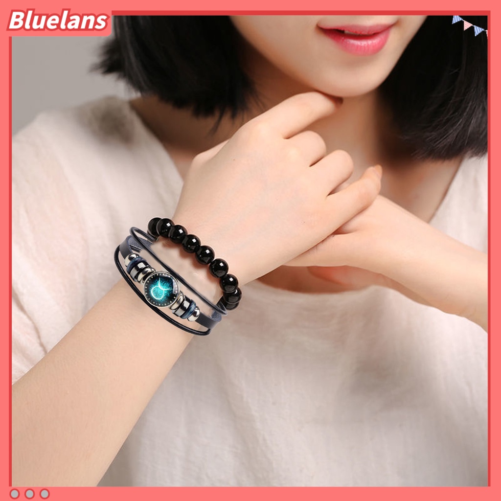 Bluelans Gelang Kulit Multilayer Hias Manik-Manik 12 Rasi Bintang Gaya Retro Untuk Unisex