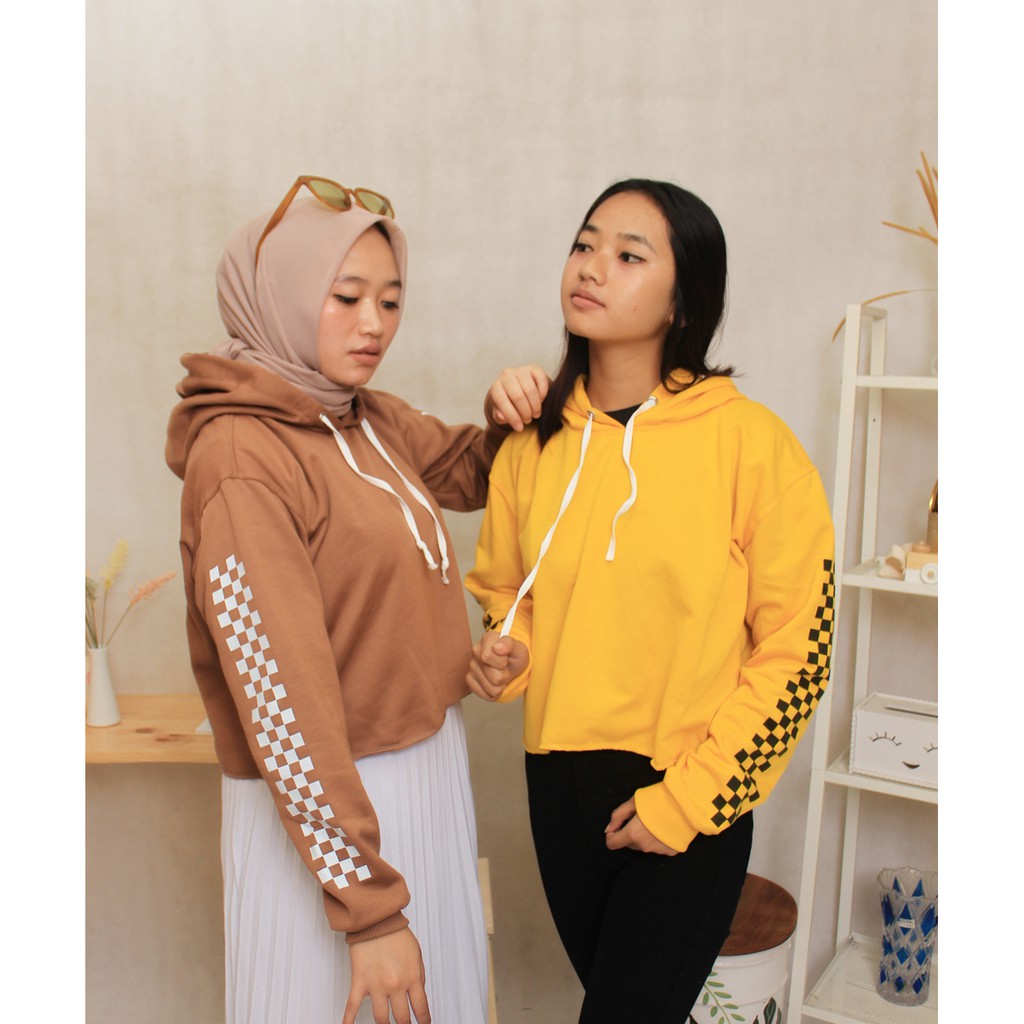 Sweater Crop Hoodie M0tif CATUR TANGAN  // Sweater Wanita korean