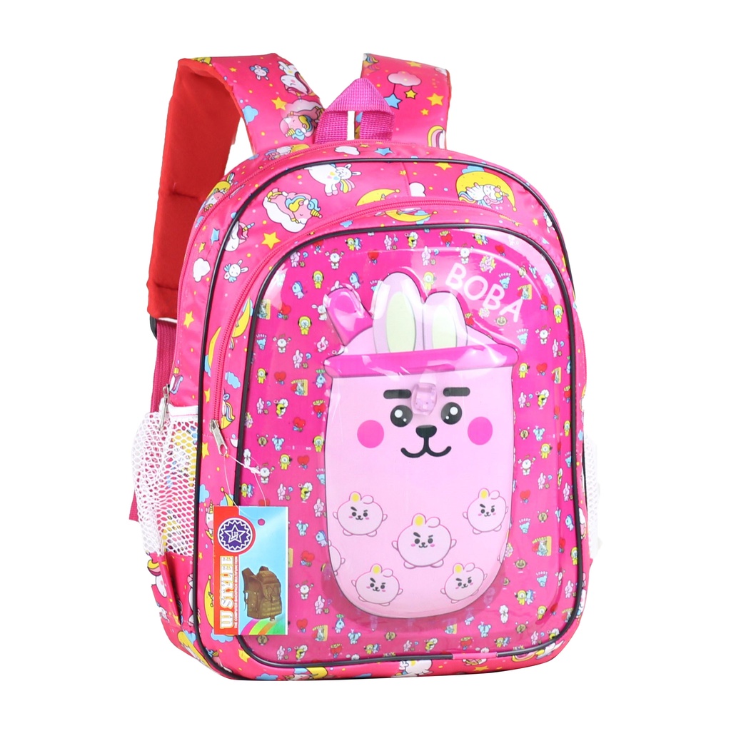 Ransel Anak Tk Tas Perempuan Anak Lampu Karakter Boba Tas Pink Cantik 3D Tas Gendong Backpack Sd