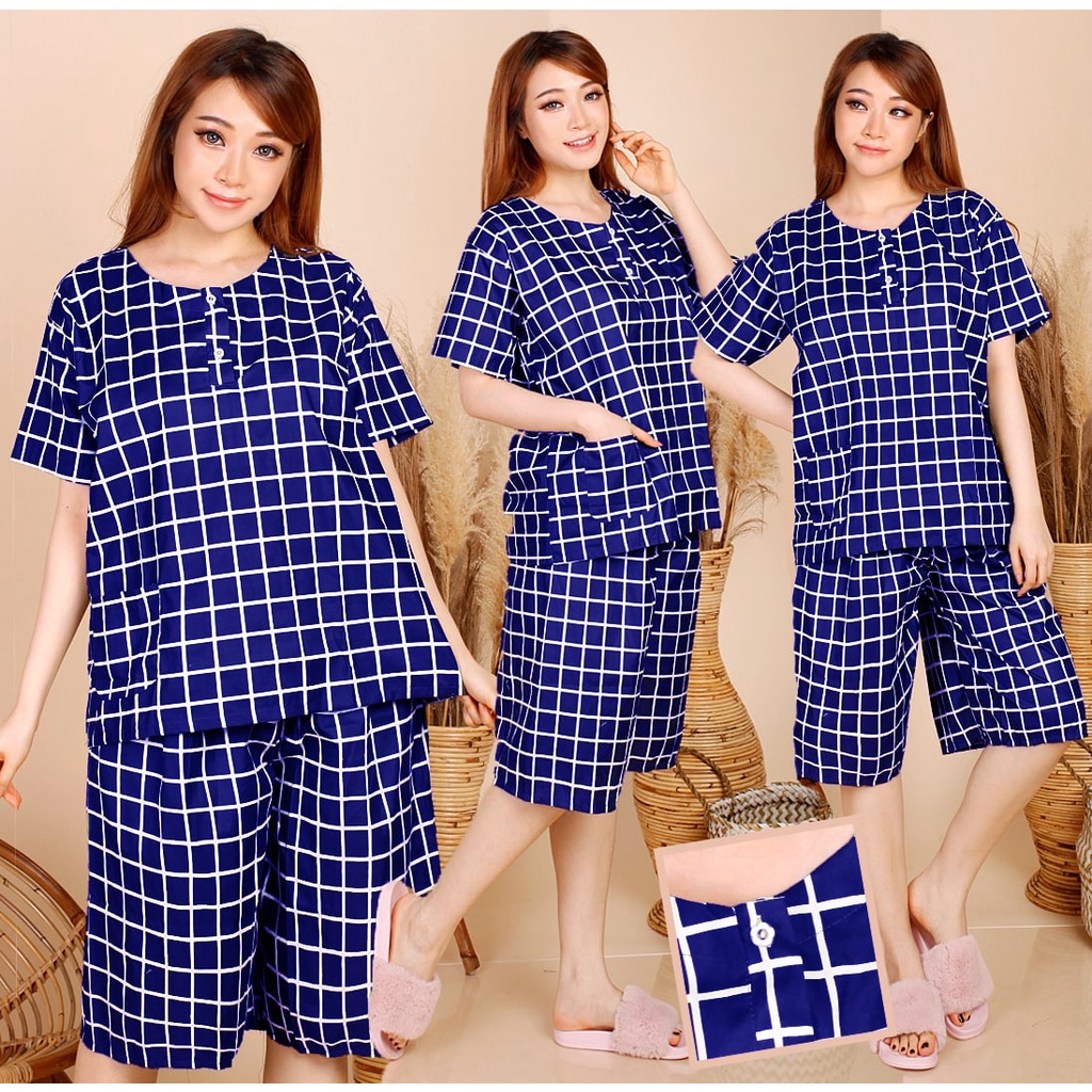 PIYAMA SETELAN PENDEK JUMBO KATUN KARAKTER BAJU TIDUR KANCING DEPAN-KJ JARING BIRU