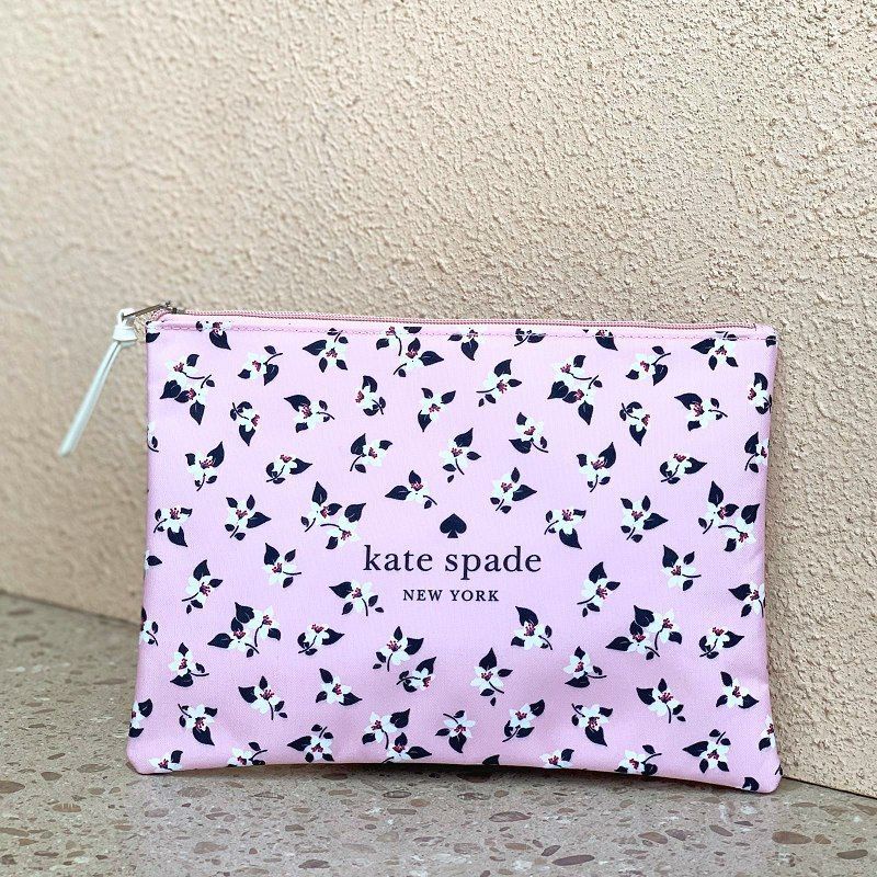 Kate Spade Large Zip Canvas Pouch Make Up Bag Pink Aster Floral Print