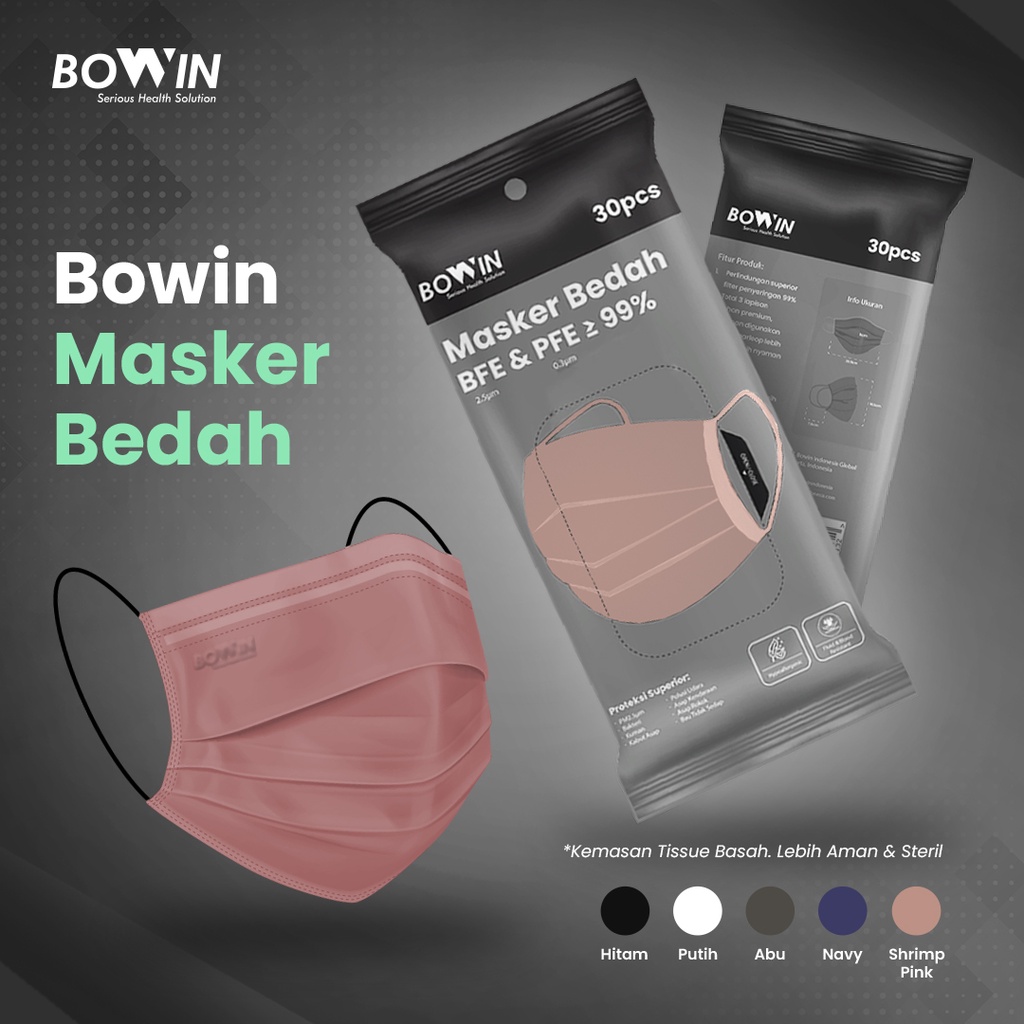 Bowin Masker Medis / Masker Bedah Surgical BFE PFE 99% (KEMENKES RI AKL / AKD)