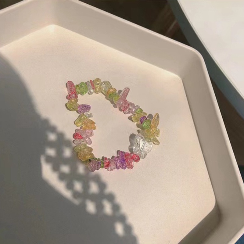 Gelang Manikmanik Batu Alami Warna Pelangi Bandul Kupukupubunga Kecil Elastis Untuk Wanita