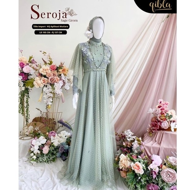 Dress Baju Zaina Gamis Brukat Tile Remaja Dewasa Seragam Pesta Wanita Muslim - Baju Gamis Sage Green
