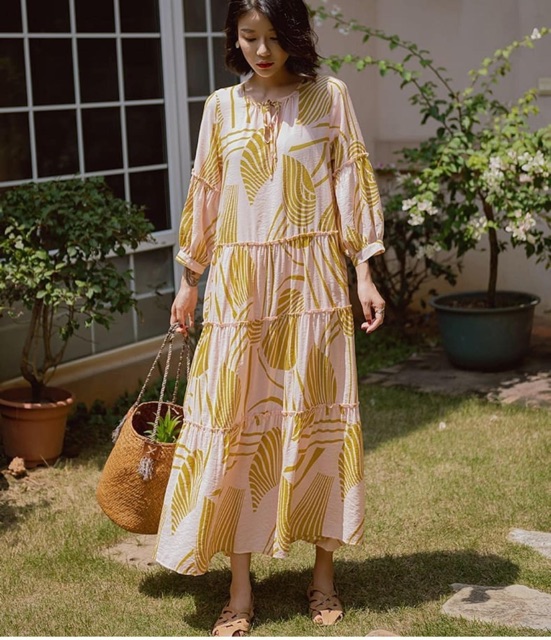 Dress terusan berlengan bahan katun nyaman motif daun kuning beige CODE DB12-01