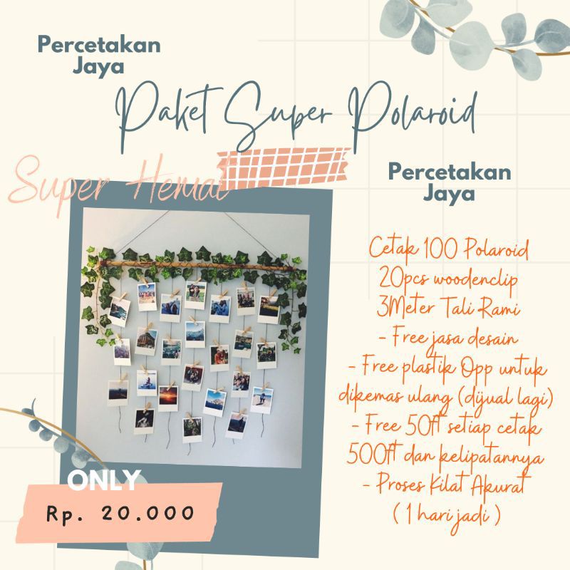CETAK 100FOTO POLAROID 2R BONUS WOODEN KLIP 1PACK DAN TALI RAMI 2 METER