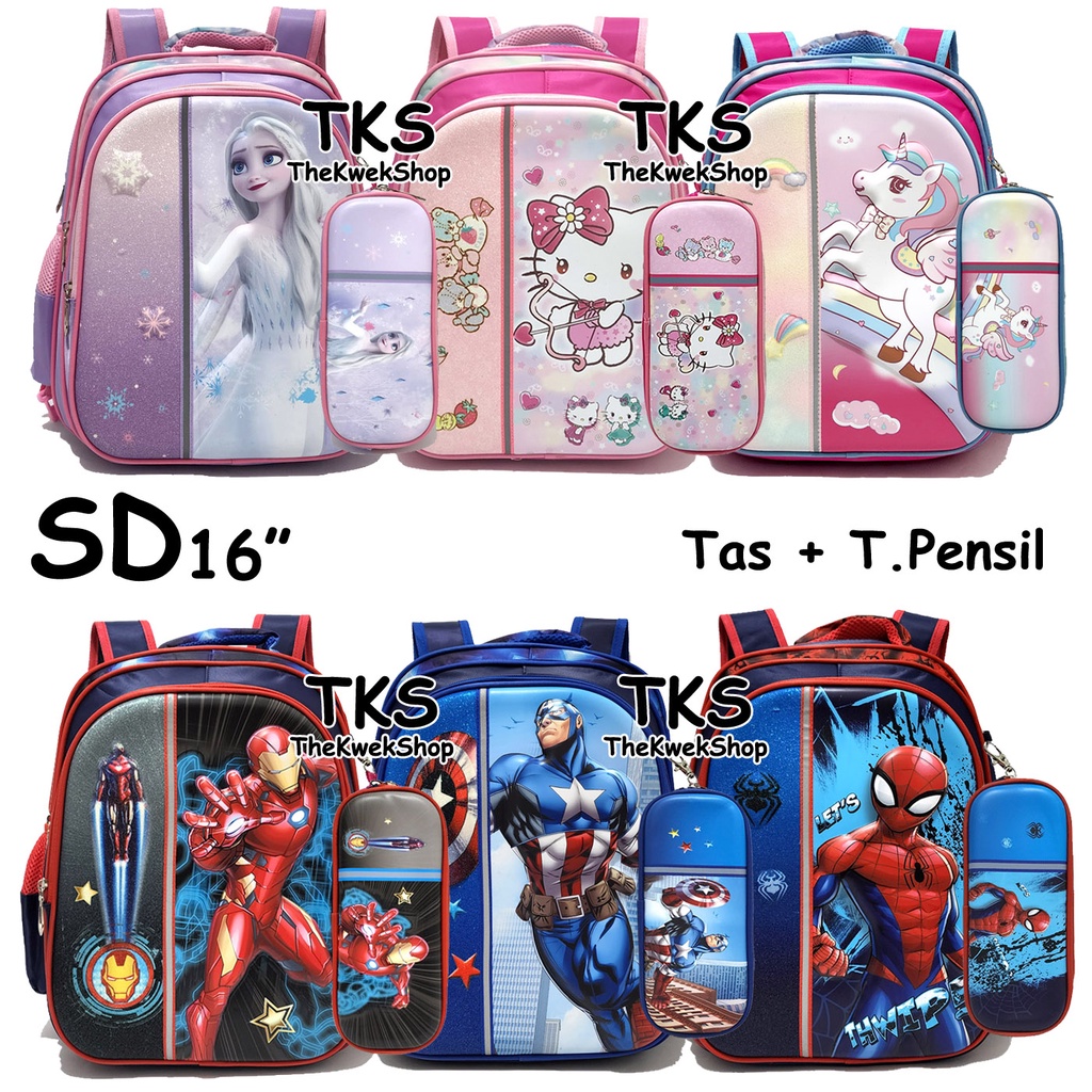 Import Tas + Tempat Pensil Tas Ransel Sekolah Anak SD Laki-Laki Dan Perempuan Spidermen Ultraman Captain Batmen Transformer Ultraman Tas Anak Perempuan Unicorn Frozen HelloKitty Kitty