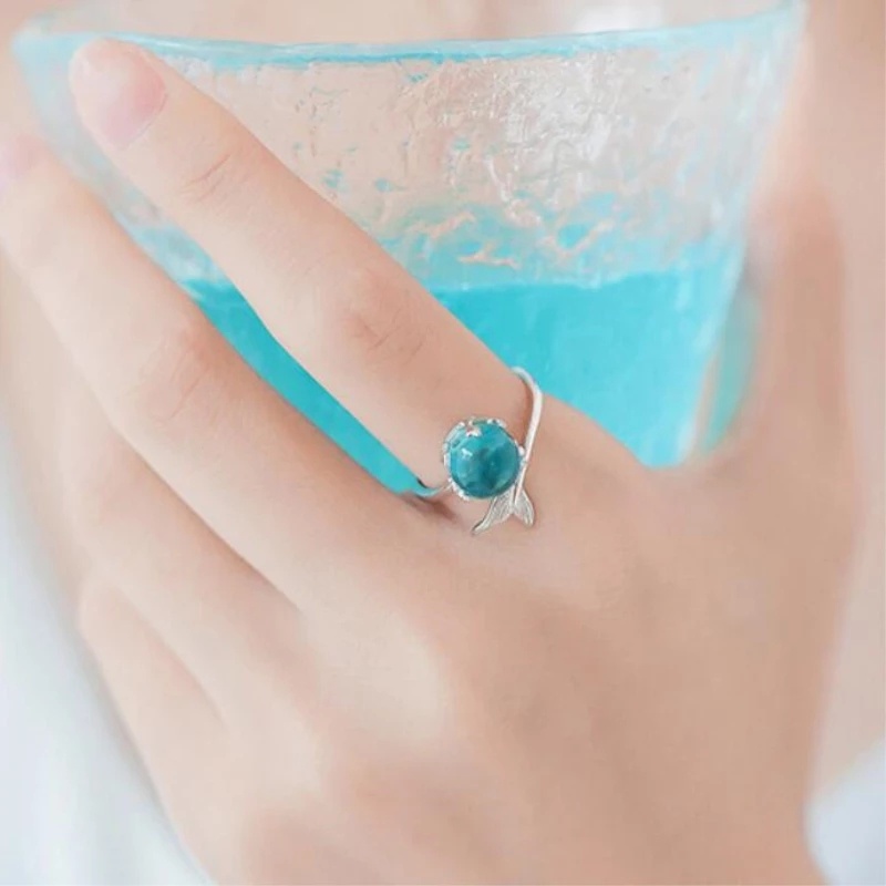 Cincin Kristal Berlian Imitasi Bentuk Ekor Mermaid Warna-Warni Untuk Wanita