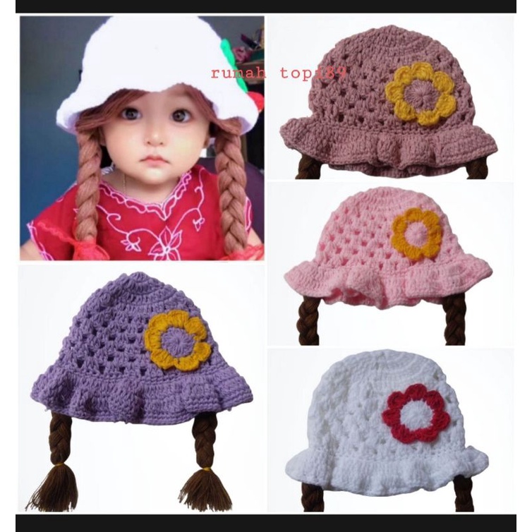 Kupluk kepang wig aplikasi bunga pita