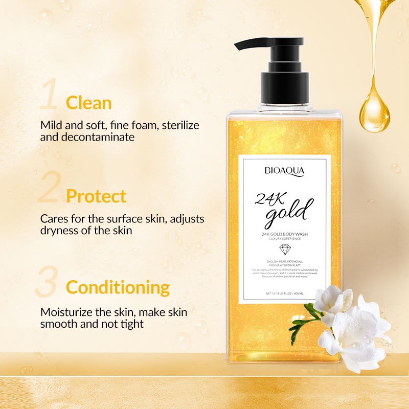 【BPOM】BIOAQUA 24K Gold Body Wash 400ml English Pear  Freesia Lasting Fragrance Shower Gel Sabun Mandi Cair Botol