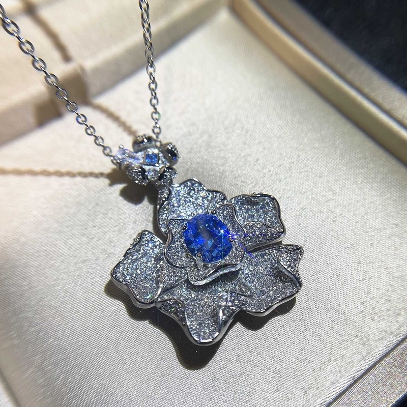 Premium Custom Luxury Full Diamond Navy Blue Sapphire Necklace