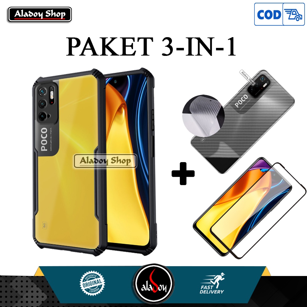 PAKET 3 IN 1 Case XIAOMI POCO M3 PRO 5G 2021 Casing + Tempered Glass Full Layar + Skin Carbon 3D