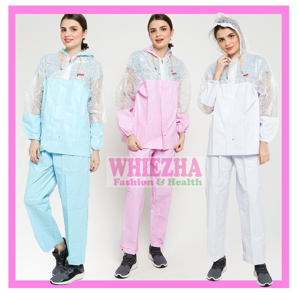 JAS HUJAN WANITA SETELAN CELANA CEWEK SIMPEL PLASTIK MURAH MOTIF POLKADOT TIGER HEAD GEMINI