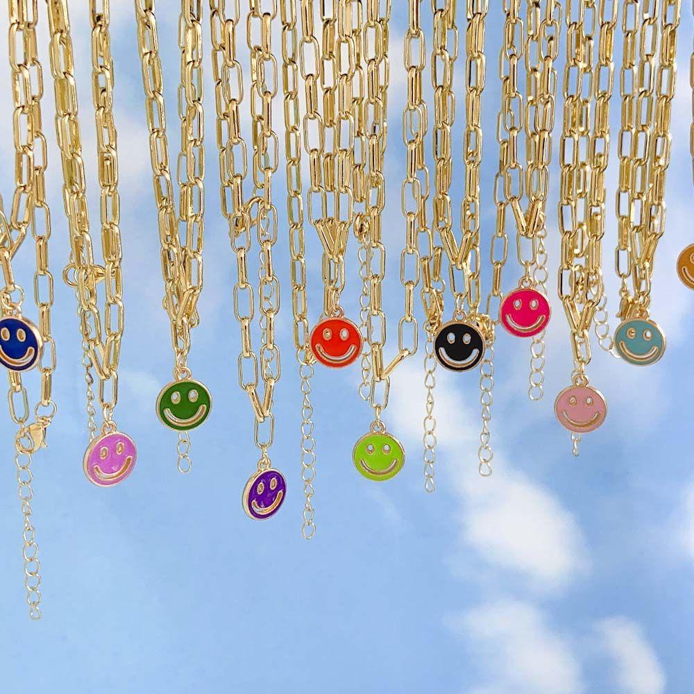Needway Smiley Kalung Pria Hadiah Pesta Warna Emas Smiley Liontin Rantai Logam Drop Oil Vintage Klavikula Rantai