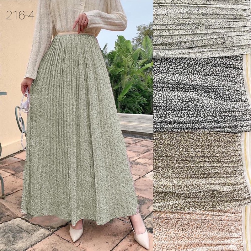 Korean Chiffon Flower Pleated Long Skirt with Gold List Import Premium ( Rok Sifon Korea Prisket Panjang Lis Pinggang Emas )