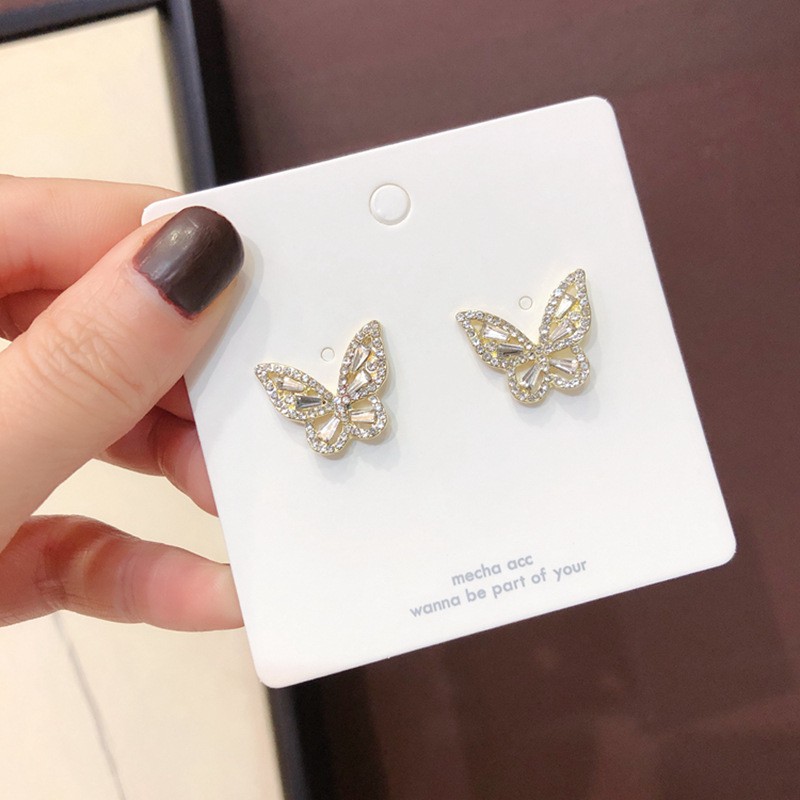 Anting Stud 925 Silver Needle Bentuk Kupu-Kupu Aksen Berlian Untuk Wanita