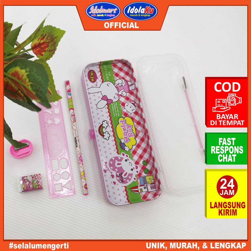 IDOLAKU Tempat Pensil Kaleng Karakter Anak Sekolah / Pen Case Kaleng