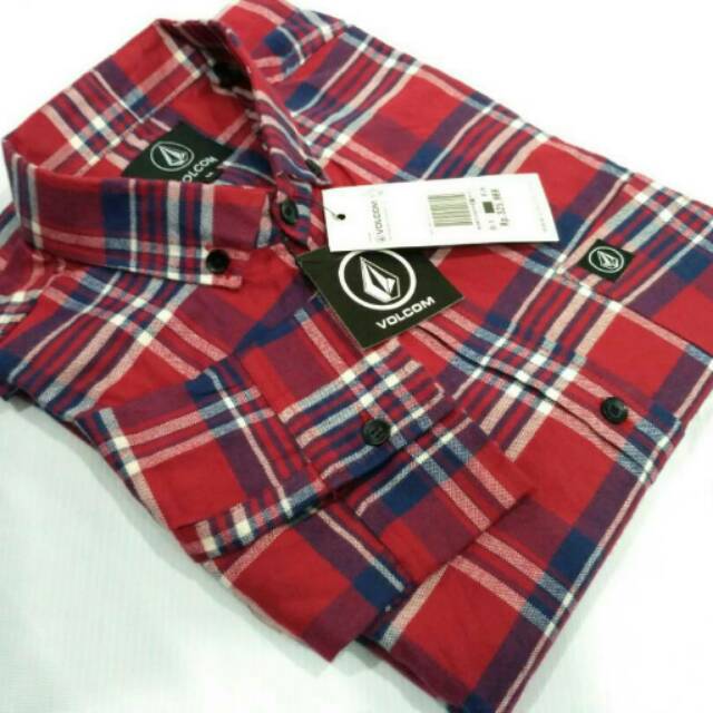 Kemeja flanel pria kotak-kotak merk volcom